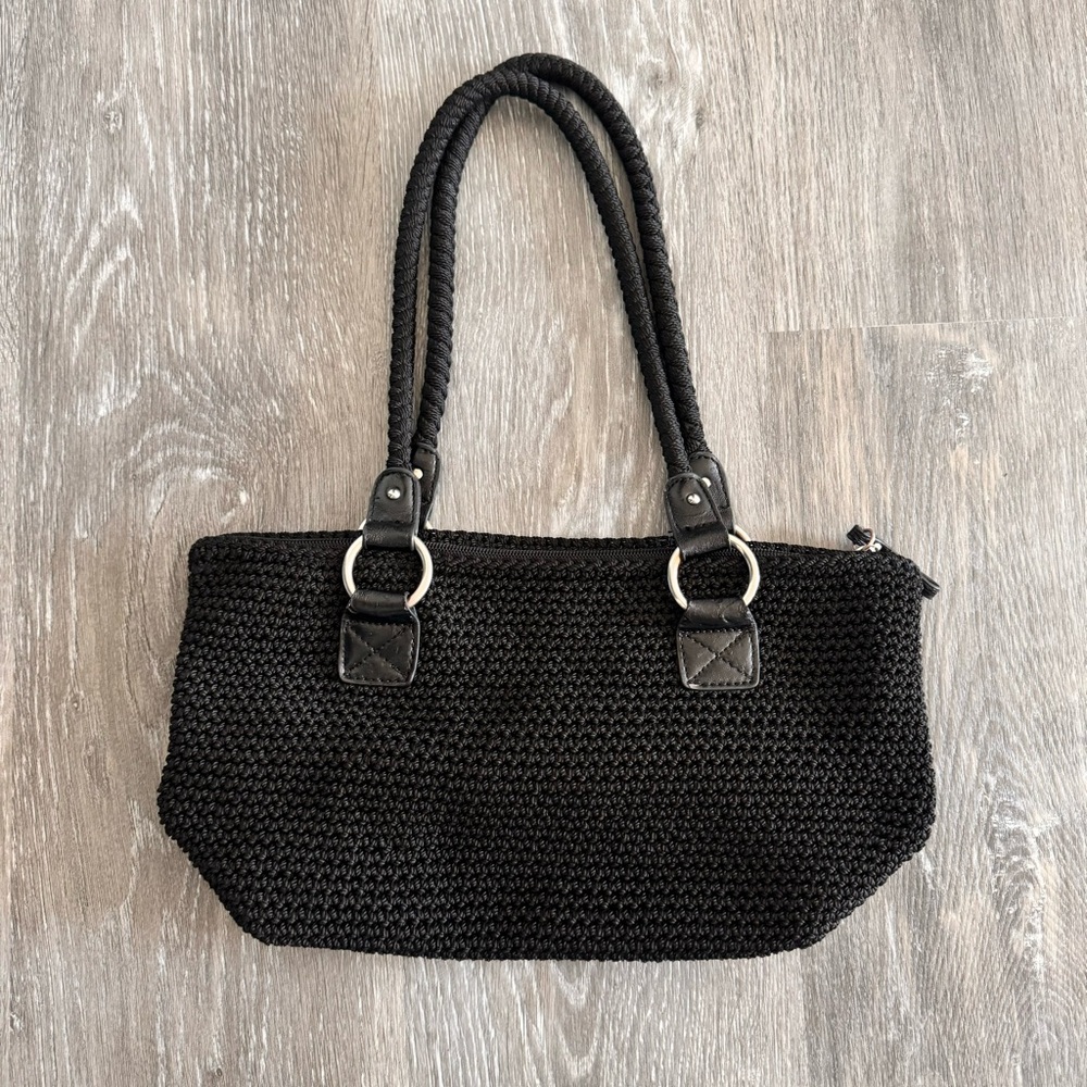 Lina Black Woven Shoulder Bag with Rope Handles